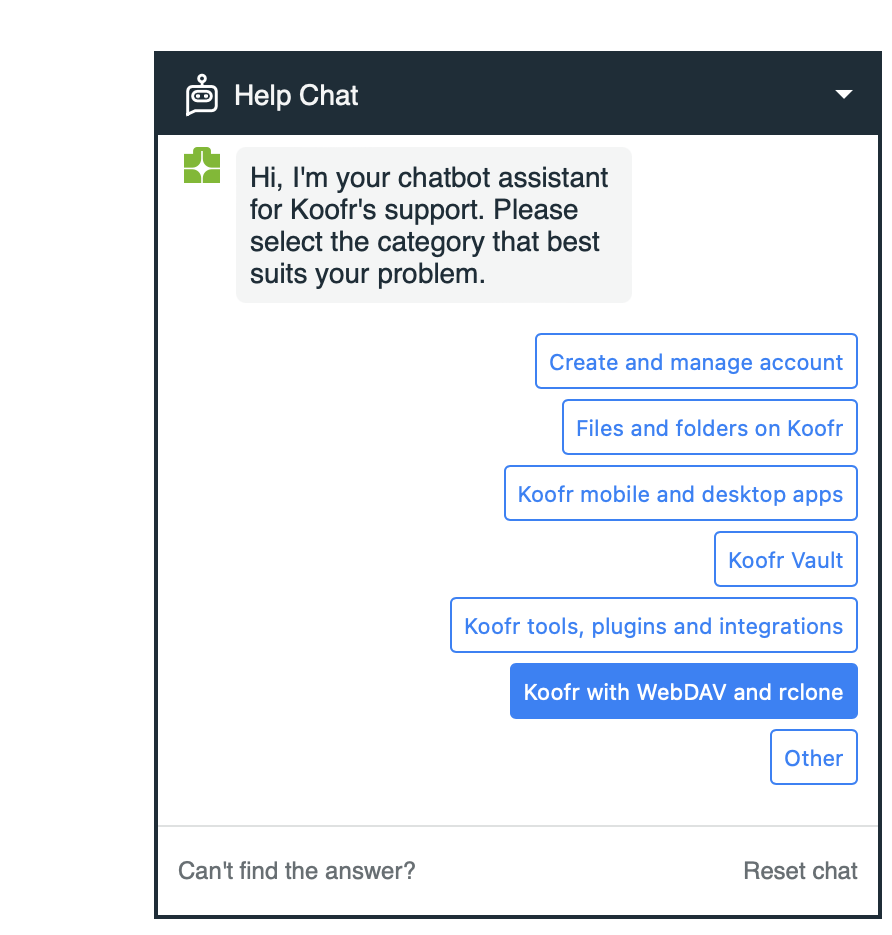Koofr chatbot widget, category selection